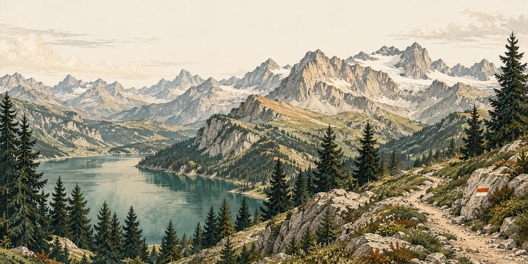 Custom engraved illustration of an alpine lake, rugged mountain ridges and a footpath through pine trees.