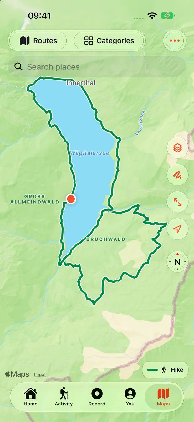 Actual XPLO map view with a sample Wägitalersee route.