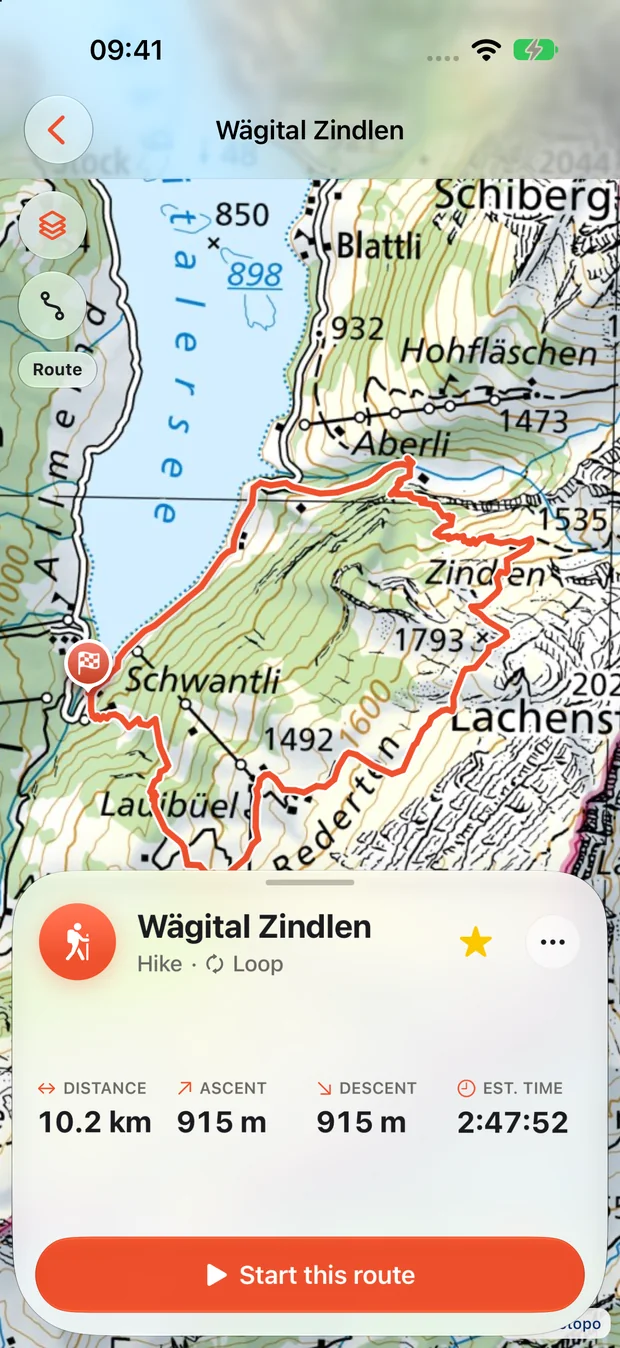 Actual XPLO route planning screen with the published Wägital Zindlen route and its elevation profile.